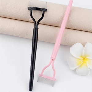 Curved stainless steel eyelash comb and eyebrow brush tool in pink and black colors