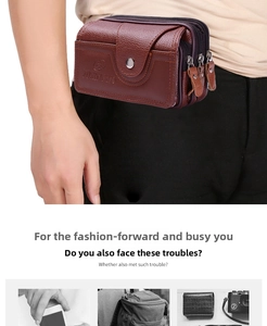 Detail of dark brown faux leather men's waist bag with litchi texture and metal buckle