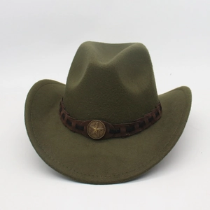 Classic olive green felt cowboy hat with woven leather band and metal star badge