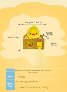 Detailed view of yellow duck kids dinnerware set with tray bowl cup and spoon specifications
