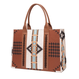 Detail of bohemian tote bag showing Aztec pattern canvas and brown leather stitching