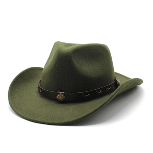 Detail of army green felt cowboy hat featuring brown leather band and gold metal conchos