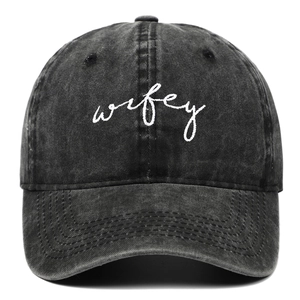 Vintage washed cotton baseball cap in charcoal black with white Wifey embroidery