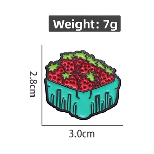 Detailed view of cute strawberry basket enamel pin with dimensions 3.0cm x 2.8cm and 7g weight