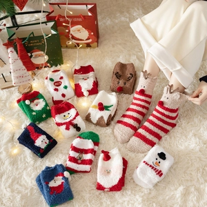 Women Christmas Fuzzy Socks Thick Warm Coral Fleece Winter Floor Socks Cute Cartoon Santa Claus Snowman Reindeer Decor