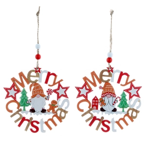 Set of 2 hollow wooden Christmas ornaments with gingerbread man and gnome in red and white