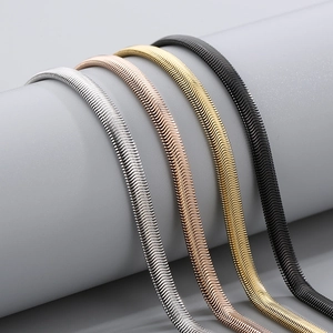 Flat stainless steel snake bone chain necklaces in silver, gold, rose gold, and black finishes