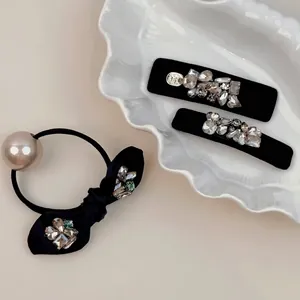 French vintage black bow hair tie with pearls and sparkling rhinestone hair clip set