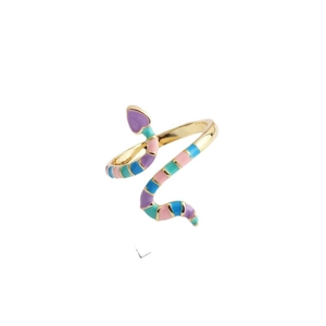 Bague serpent ajustable plaquée or avec rayures en émail violet et bleu