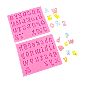 Pink silicone alphabet mold set with uppercase and lowercase letters for fondant cake baking