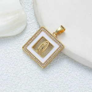 18K gold square portrait necklace pendant with white enamel and micro-pave cubic zirconia