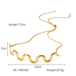 Detailed view of adjustable wave pendant necklace in 18K gold stainless steel with dimensions