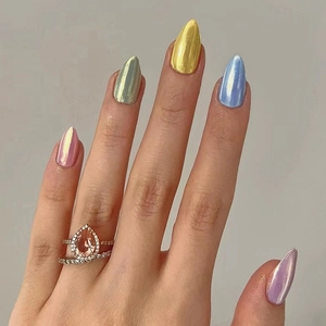 Press On Nails Short Almond Aurora Chrome Metallic Glossy Full Cover Artificial Fake Nails Y2K Ins Style For Women