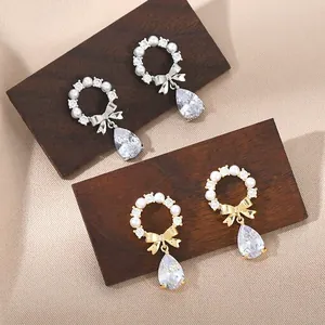 Bowknot Waterdrop Dangle Earrings With Copper Zircon Artificial Pearl And 925 Sterling Silver Earring Post For Women Elegant Jewelry