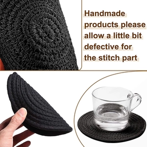 Detail showing the flexibility and texture of a black round woven cotton coaster