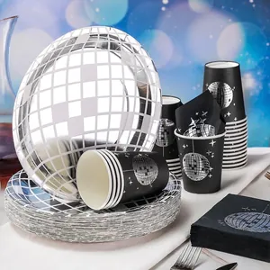 Set de vaisselle disco avec assiettes miroir argentées, gobelets et serviettes