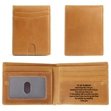Brown leather wallet for husband with romantic engraved message and clear ID card slots