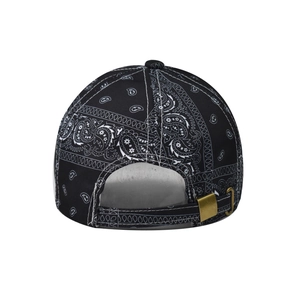 Detailed back view of paisley print baseball cap showing adjustable metal buckle closure