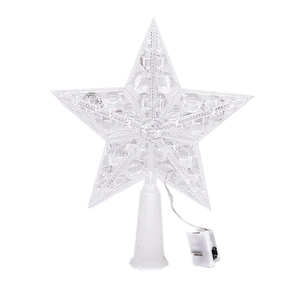Detail of transparent star tree topper with white battery box and cone base