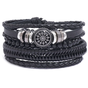 Men Braided Bracelet Faux Leather Wood Beads Wax Cord Alloy Mandala Punk Retro Bohemian Adjustable Wristband