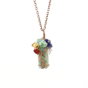 Detail of tree of life pendant with colorful natural stones on amazonite base