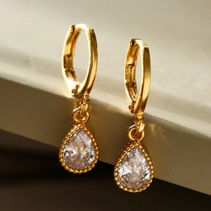 Minimalist gold plated teardrop earrings with sparkling zircon inlay for women