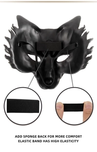 Detail view of the wolf mask interior showing soft foam padding and elastic strap