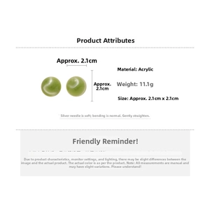 Detail view of 2.1cm green candy-colored acrylic round stud earrings with silver pins