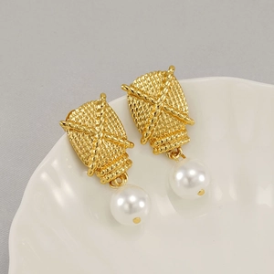 Elegant 18K gold plated stainless steel pearl drop earrings with textured rectangle stud