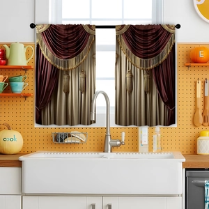 Detail of burgundy kitchen curtains with golden fringe and elegant 3D printed pleats