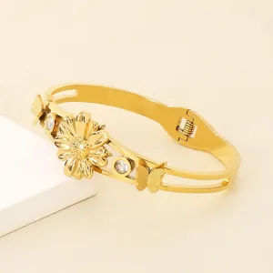 Bracelet Jonc Tournesol Papillon Plaqué Or Acier Inoxydable Zircone Style Coréen Creux Élégant Bijoux Femmes