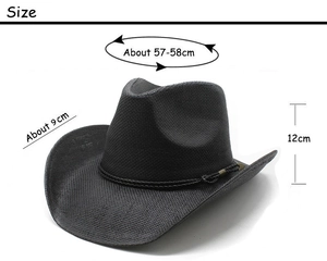 Detailed dimensions of the dark grey woven straw cowboy hat showing size and brim width