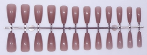 Detail of 24 pieces of glossy mauve purple long coffin press on nails on rack