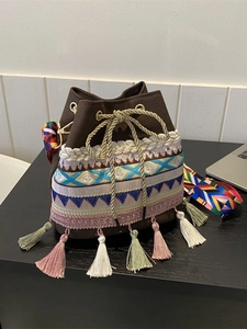 Bohemian coffee canvas bucket bag with colorful embroidery and multi-color tassels