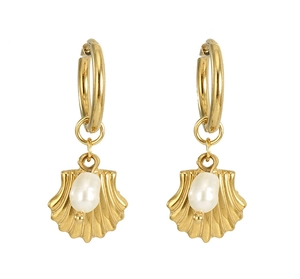 Vue détaillée des boucles d'oreilles coquillage en acier doré avec perles blanches