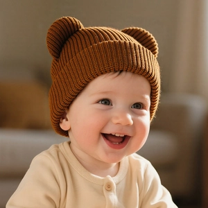Cozy caramel baby knit winter hat with 3D bear ears for newborns and toddlers