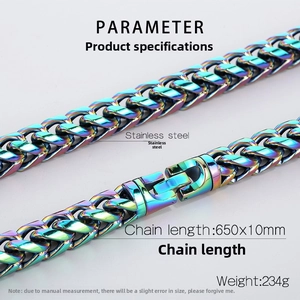Rainbow stainless steel thick curb chain necklace with secure clasp closure detail