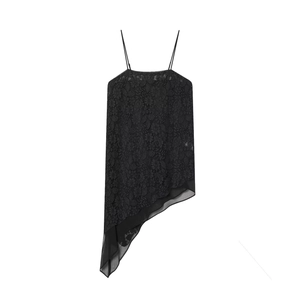 Black Lace Camisole With Chiffon Asymmetric Hem Thin Strap Sexy Street Style Tank Top For Women Stylish