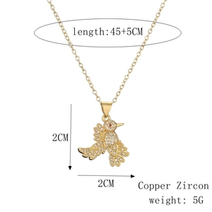 Detailed size chart of a copper owl pendant necklace with colorful zircon stones