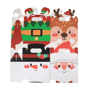 Square Christmas gift boxes with Santa, Reindeer, Snowman, and Elf festive patterns