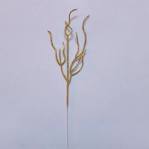 Detailed view of artificial golden glitter decorative branch for Christmas festival decor