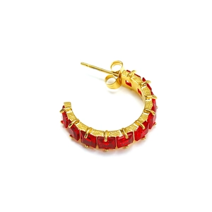 Gold-plated C-shaped earrings featuring square-cut ruby-red zircon stones on white background