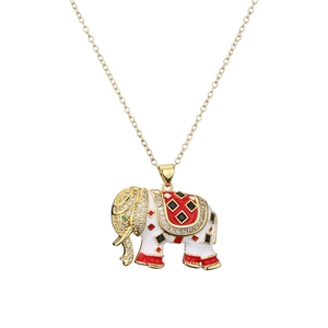 Golden elephant pendant necklace with white enamel and sparkling zircon inlay