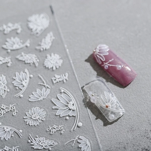 Minimalist white 3D embossed daisy flower nail art stickers with elegant pearl accents