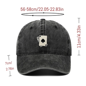 Distressed black denim baseball cap with playing card embroidery and 7cm brim size