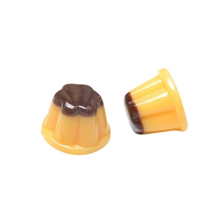 Realistic resin pudding models with yellow body and brown caramel top on white background
