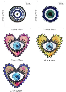 Size chart for heart and eye sequin patches with exact dimensions in cm and inches