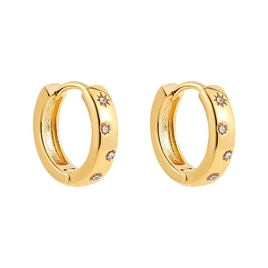 18K gold plated sunburst hoop earrings with micro-paved cubic zirconia on white background