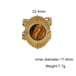 Detailed view of sunburst gold ring with tiger eye stone and measurement specifications