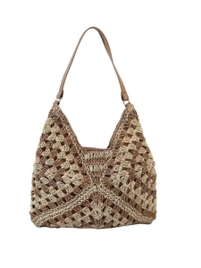 Borsa a spalla retrò 2024 in paglia con motivo a quadretti granny in beige e marrone